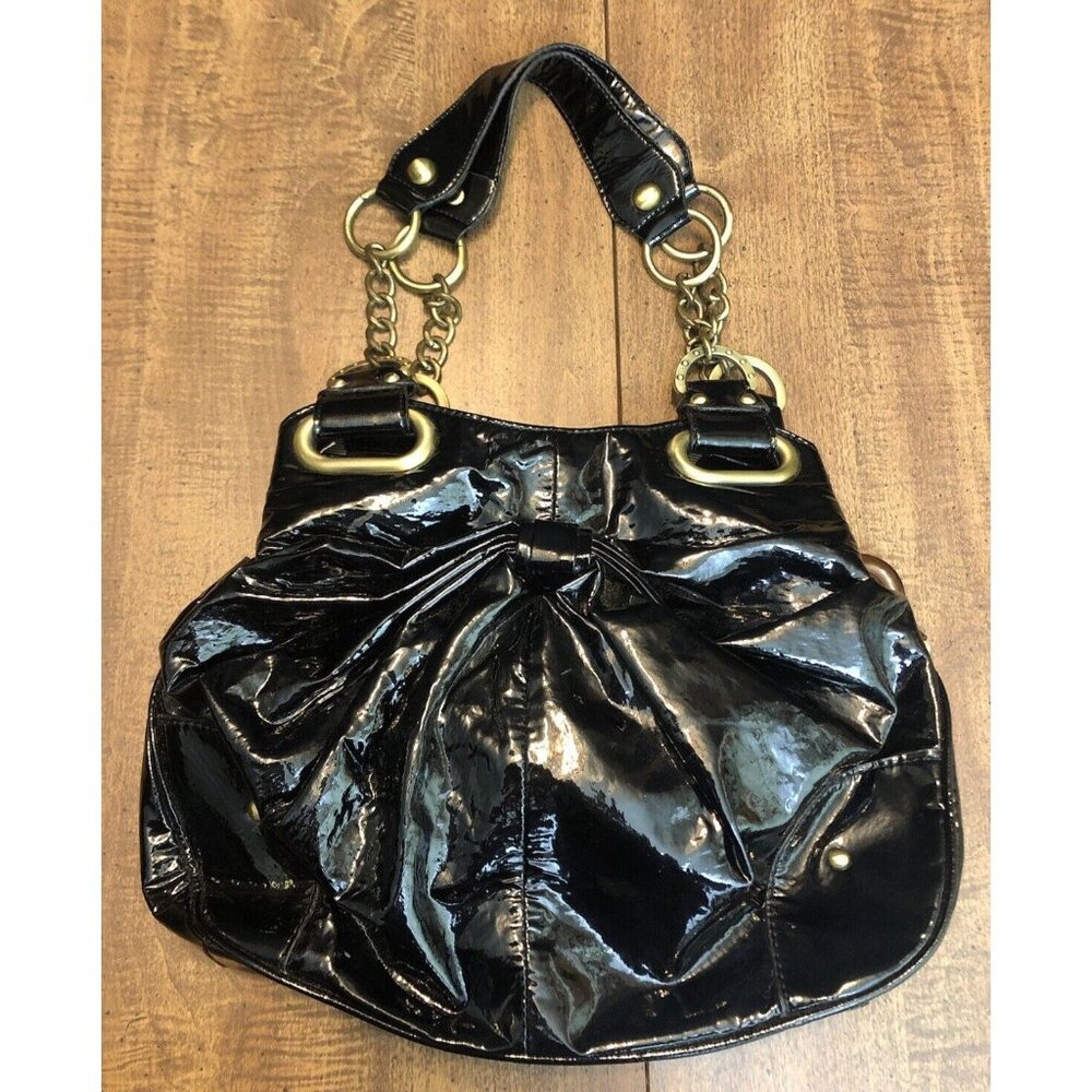 Rampage Handbag Black Patent Vegan/Faux Leather Y2K Purse Ruched w/Acrylic Chain